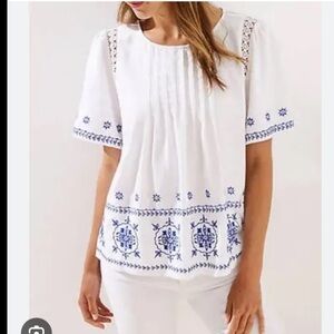 LOFT Embroidered White and Blue Blouse Linen Blend